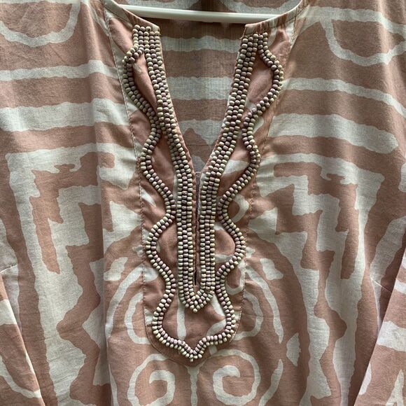 Soft Surroundings Pink White Tribal Top Tunic Cover Up Beaded Hook Closure Large - Picture 2 of 8
